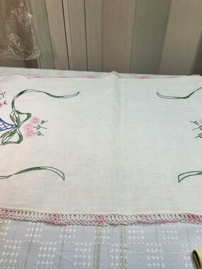 Home Made White Embroidered Linen Table Runner with Pink Floral Accents
